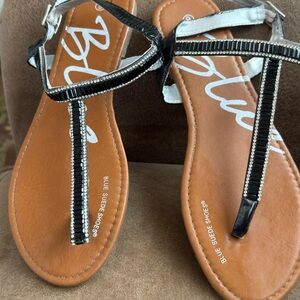 Blue Suede Black Sandals with Rhinestone Detailing